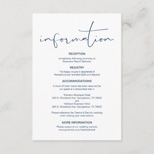 Moderne kalligrafie, huwelijksgegevens, informatie informatiekaartje (Voorkant)