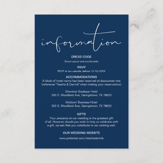 Moderne kalligrafie, huwelijksgegevens, informatie informatiekaartje (Voorkant)