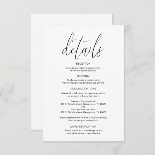 Moderne kalligrafie, huwelijksgegevens, informatie informatiekaartje (Voorkant / Achterkant)