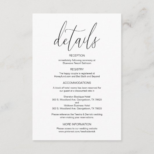 Moderne kalligrafie, huwelijksgegevens, informatie informatiekaartje (Voorkant)