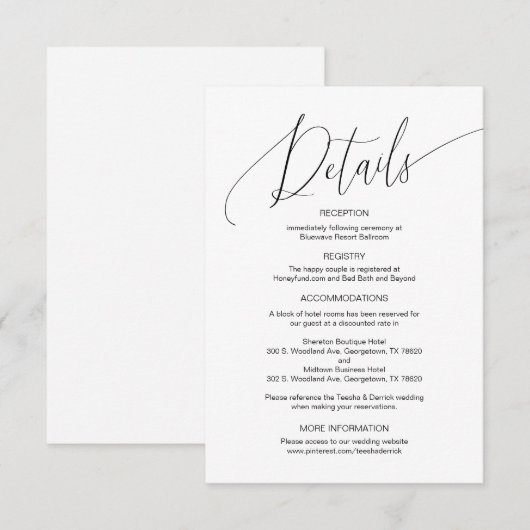 Moderne kalligrafie, huwelijksgegevens, informatie informatiekaartje (Voorkant / Achterkant)