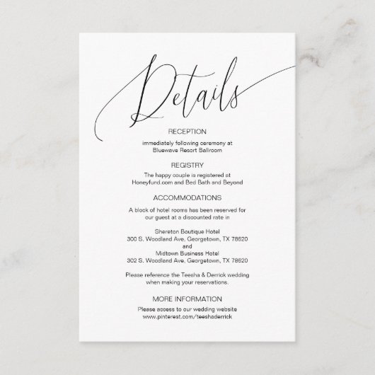 Moderne kalligrafie, huwelijksgegevens, informatie informatiekaartje (Voorkant)