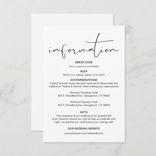 Moderne kalligrafie, huwelijksgegevens, informatie informatiekaartje (Voorkant / Achterkant)