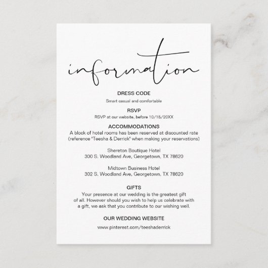 Moderne kalligrafie, huwelijksgegevens, informatie informatiekaartje (Voorkant)