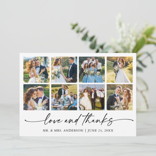 Moderne Kalligrafie Ink Pen Love Wedding 8 foto's Bedankkaart (Staand voorkant)