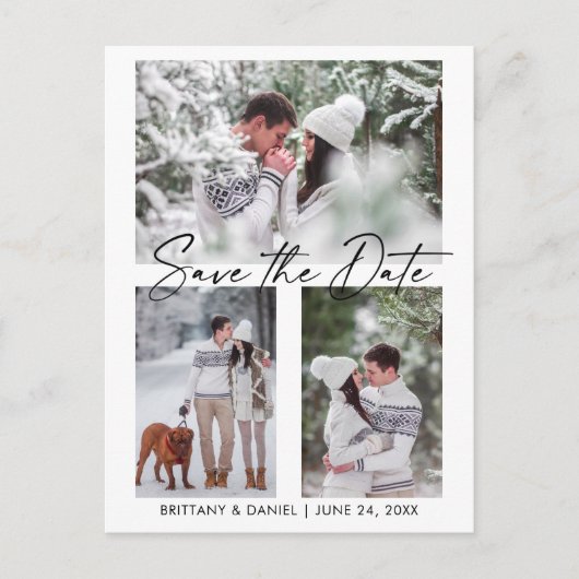 Moderne kalligrafie inkt 3 foto's sparen de datum briefkaart (Voorkant)