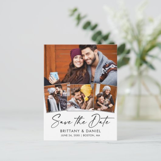 Moderne kalligrafie-inkt bespaart datum 4 foto briefkaart (Staand voorkant)