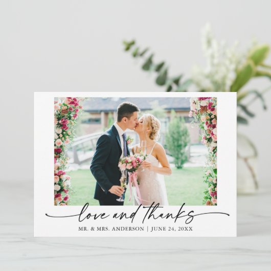 Moderne kalligrafie inktpen liefde trouwfoto bedankkaart (Staand voorkant)