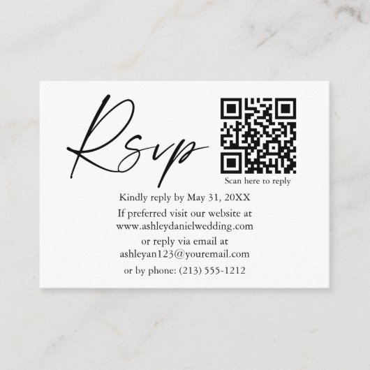 Moderne kalligrafie-inktscript QR Weddenschap RSVP Informatiekaartje (Voorkant)