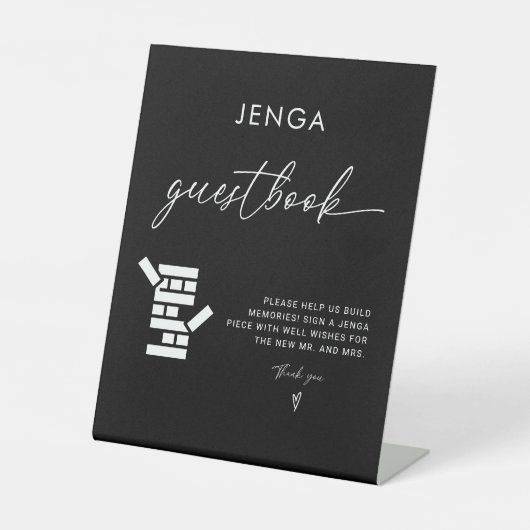 Moderne kalligrafie Jenga Gastenboek Trouwbord Reclamebord Met Voetstuk (Voorkant)
