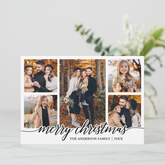 Moderne kalligrafie Kerst 5 Fotocollage Feestdagenkaart (Staand voorkant)