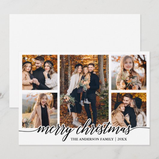 Moderne kalligrafie Kerst 5 Fotocollage Feestdagenkaart (Voorkant / Achterkant)
