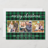 Moderne kalligrafie Kerstmis 3 foto groen geruit Feestdagenkaart (Voorkant)