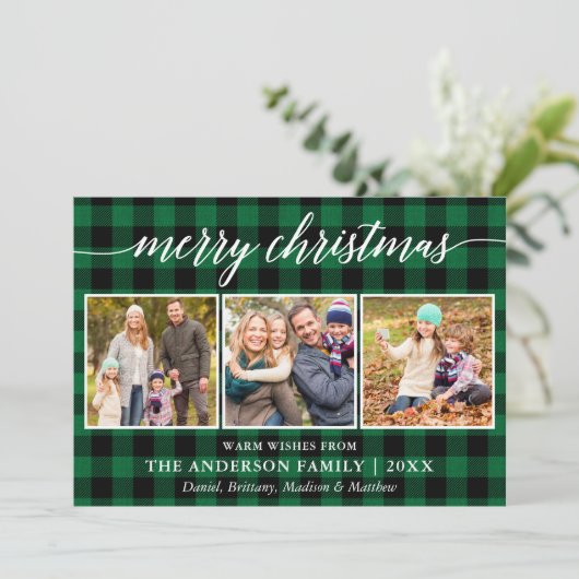 Moderne kalligrafie Kerstmis 3 foto groen geruit Feestdagenkaart (Staand voorkant)