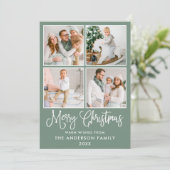 Moderne kalligrafie Kerstmis 4 Foto's Sage Green Feestdagenkaart (Staand voorkant)
