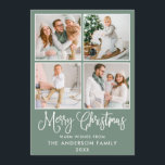 Moderne kalligrafie Kerstmis 4 Foto's Sage Green Feestdagenkaart<br><div class="desc">Modern Fun Calligraphy Script Merry Kerstmis 4 Photo Holiday Card - Sage Green</div>