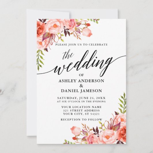 Moderne kalligrafie Koral Floral Wedding Kaart (Voorkant)