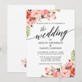 Moderne kalligrafie Koral Floral Wedding Kaart (Voorkant / Achterkant)