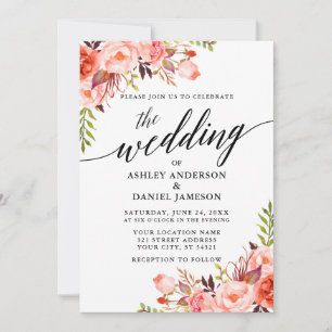 Moderne kalligrafie Koral Floral Wedding Kaart