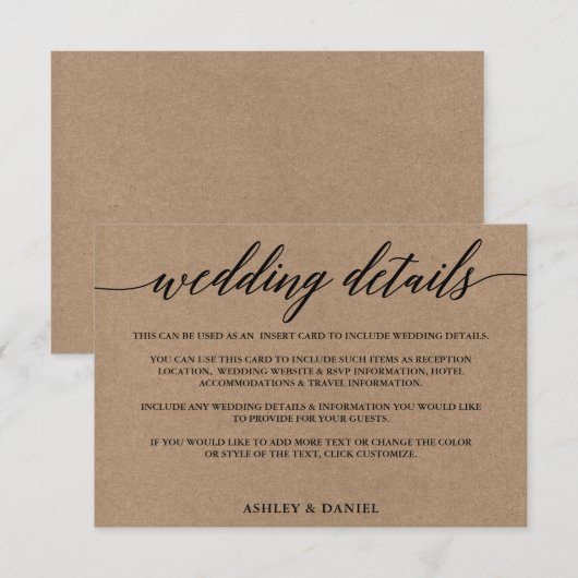 Moderne kalligrafie Kraft bruiloft details Informatiekaartje (Voorkant / Achterkant)