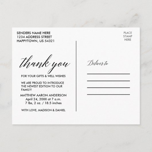 Moderne kalligrafie Liefde en Dank Baby Foto Briefkaart (Achterkant)