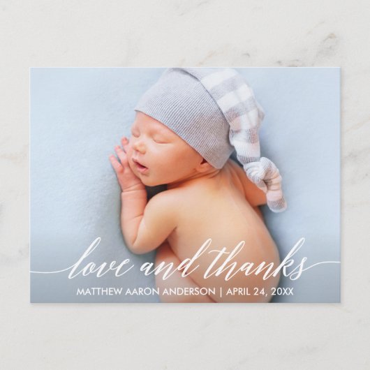 Moderne kalligrafie Liefde en Dank Baby Foto Briefkaart (Voorkant)