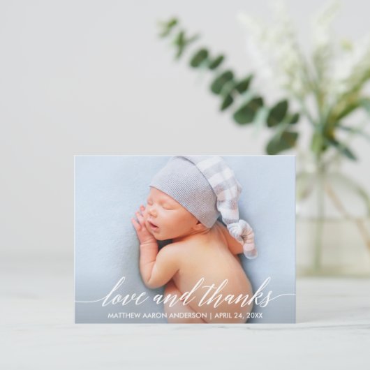 Moderne kalligrafie Liefde en Dank Baby Foto Briefkaart (Staand voorkant)