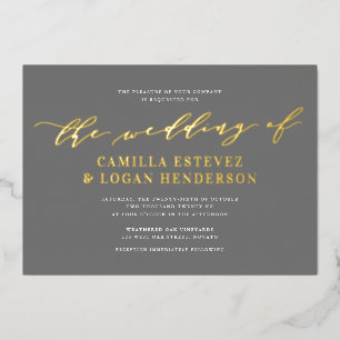 Moderne kalligrafie Manuscript Wedding Grey + Gold Folie Uitnodiging