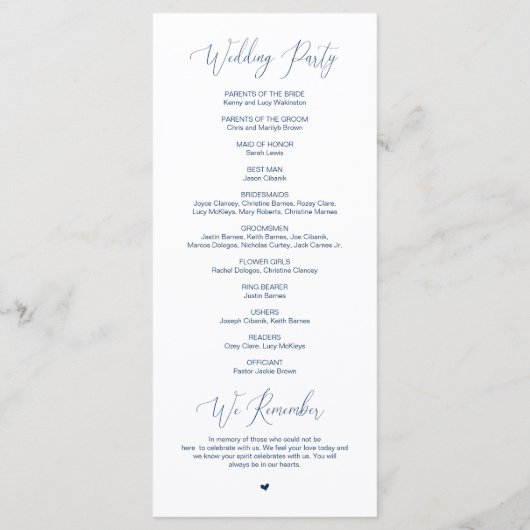 Moderne kalligrafie, marineblauw, huwelijksceremon programmakaart (Achterkant)