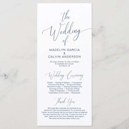 Moderne kalligrafie, marineblauw, huwelijksceremon programmakaart (Voorkant)