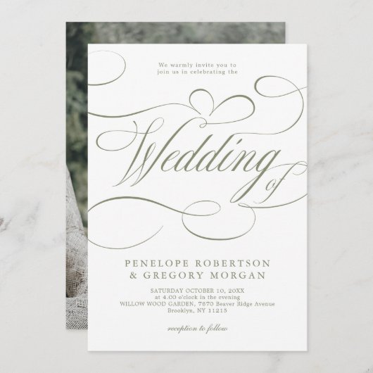 Moderne kalligrafie Minimalistische Sage Green Wed Kaart (Voorkant / Achterkant)