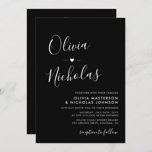 Moderne kalligrafie Monogram QR Code Zwart Bruilof Kaart (Voorkant / Achterkant)