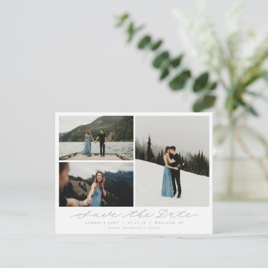 Moderne kalligrafie Multi-Photo Save the Date (Staand voorkant)
