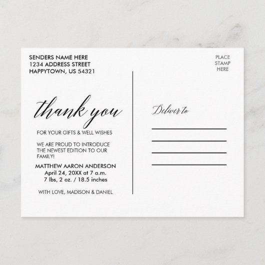 Moderne kalligrafie Nieuwe baby Dank je Briefkaart (Achterkant)