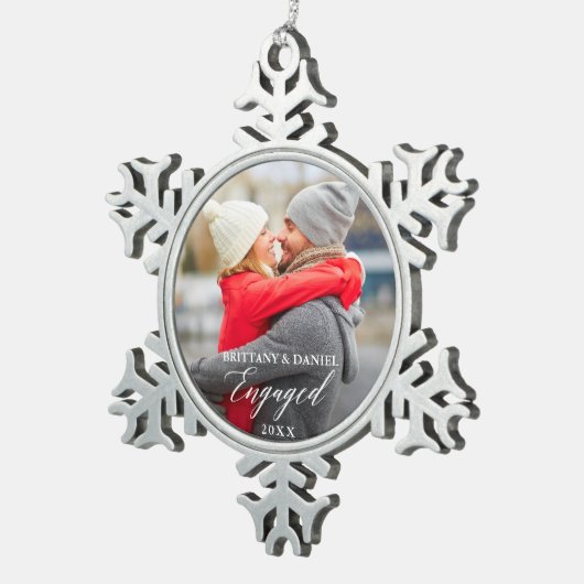 Moderne kalligrafie Paar Photo Engaged Tin Sneeuwvlok Ornament (Rechts)