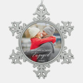 Moderne kalligrafie Paar Photo Engaged Tin Sneeuwvlok Ornament (Voorkant)