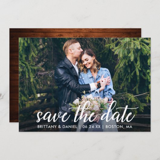 Moderne kalligrafie Paar Photo Wedding Wood Save The Date (Voorkant / Achterkant)