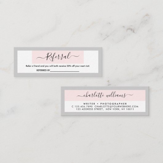 Moderne kalligrafie Pastel Roze & Light Grey Refer Mini Visitekaartje (Voorkant / Achterkant)
