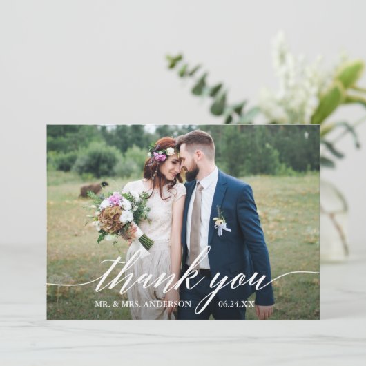 Moderne Kalligrafie QR Code 4 Foto's Bruiloft Bedankkaart (Staand voorkant)