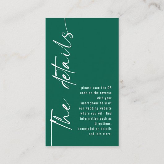 Moderne kalligrafie QR Code Emerald bruiloft detai Informatiekaartje (Voorkant)