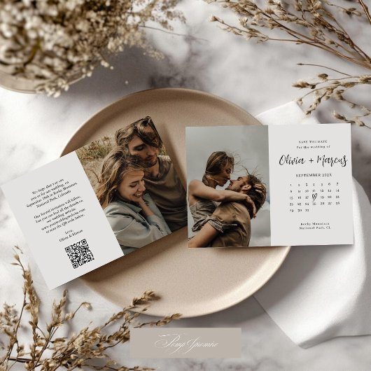 Moderne kalligrafie QR-code kalender trouwfoto Save The Date