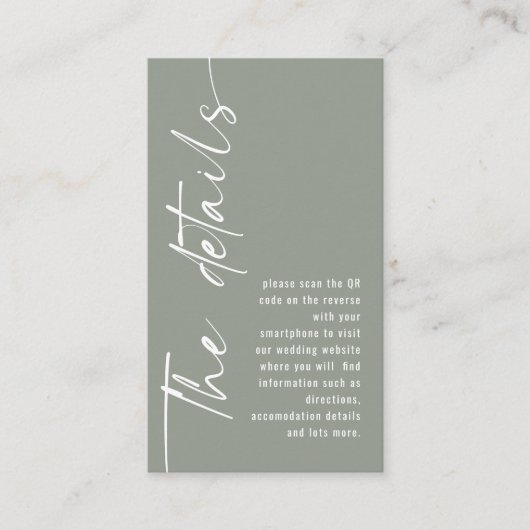 Moderne Kalligrafie QR Code Sage Bruiloft Details Informatiekaartje (Voorkant)
