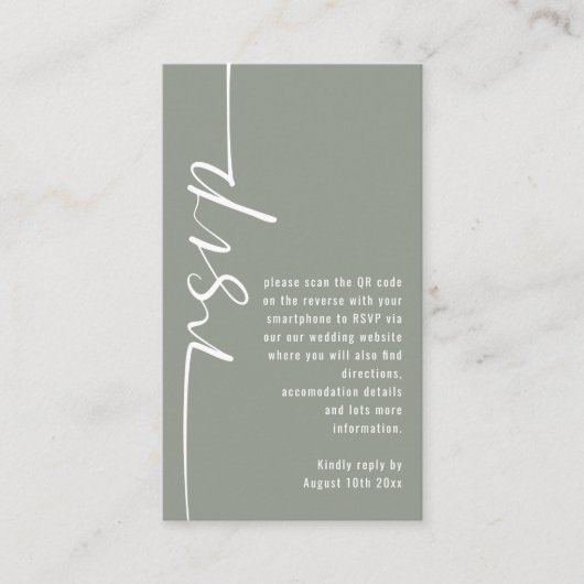 Moderne Kalligrafie QR Code Sage Bruiloft RSVP Informatiekaartje (Voorkant)