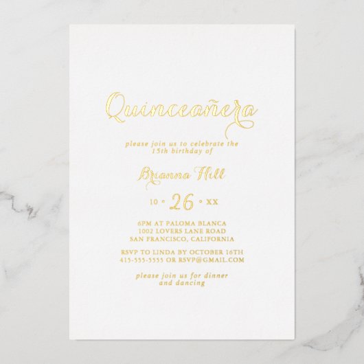 Moderne kalligrafie Quinceañera Gold Folie Uitnodiging (Voorkant)
