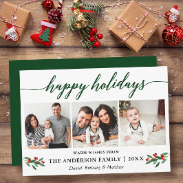 Moderne kalligrafie Red Holly 3 Foto groen Feestdagenkaart