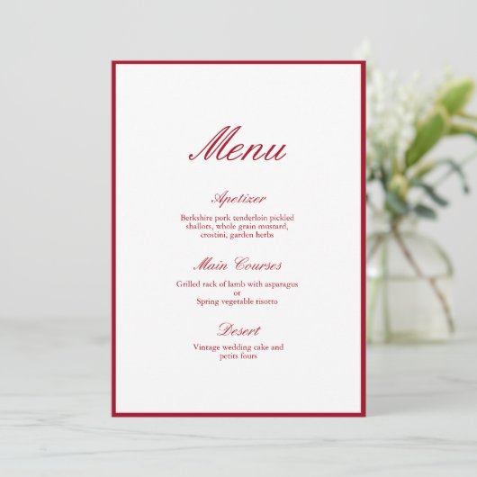 Moderne kalligrafie Red Wedding Menu Kaart (Staand voorkant)