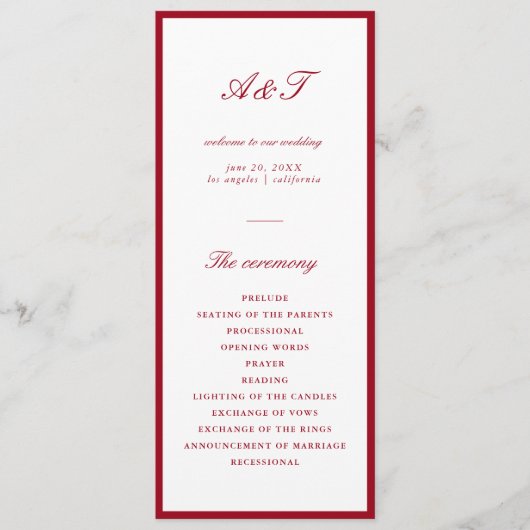 Moderne kalligrafie rode bruiloft programmakaart (Voorkant)