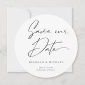 Moderne kalligrafie ronde cirkel zwart wit foto save the date (Voorkant)