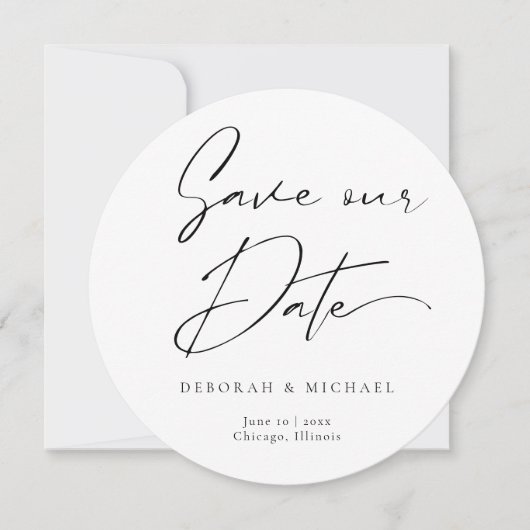 Moderne kalligrafie ronde cirkel zwart wit foto save the date (Voorkant)
