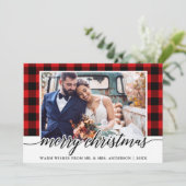 Moderne kalligrafie rood geruite bruiloft foto feestdagenkaart (Staand voorkant)